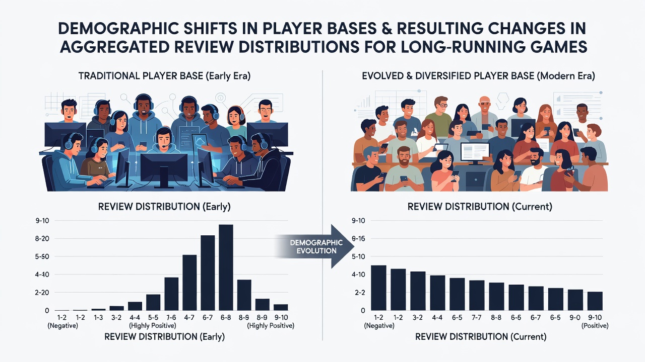 Graph illustrating review score distribution changes tied to demographic expansions in game franchises