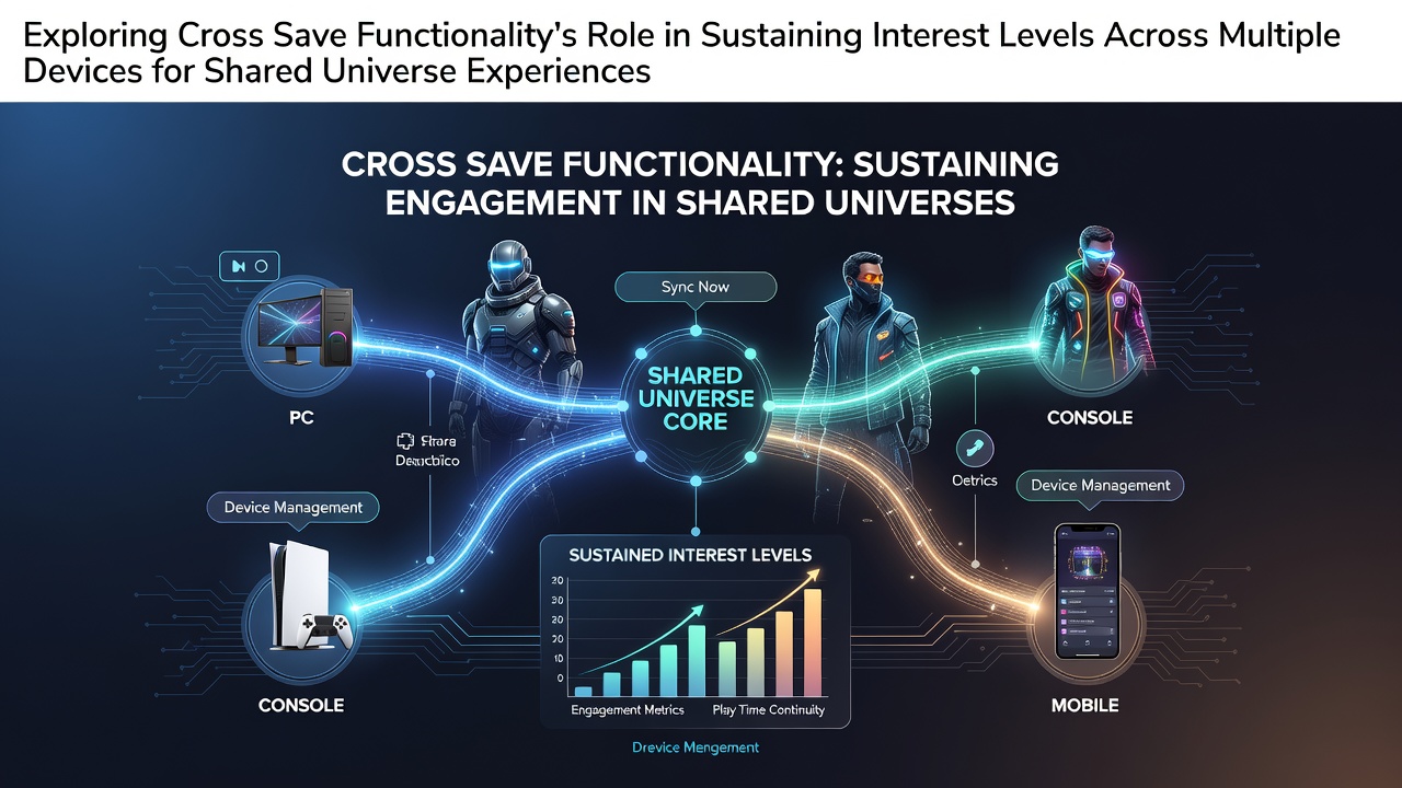 Illustration of cross-save functionality syncing progress across console, PC, and mobile devices in a shared game universe