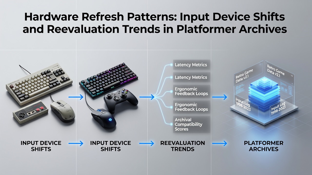 Vintage and modern controllers arranged on a desk showing the evolution of input devices used in platformer games