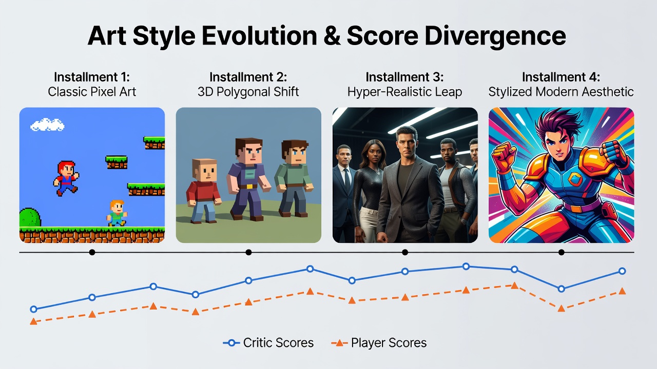 Graph displaying critic versus player score differences across platforms after art style updates in franchises