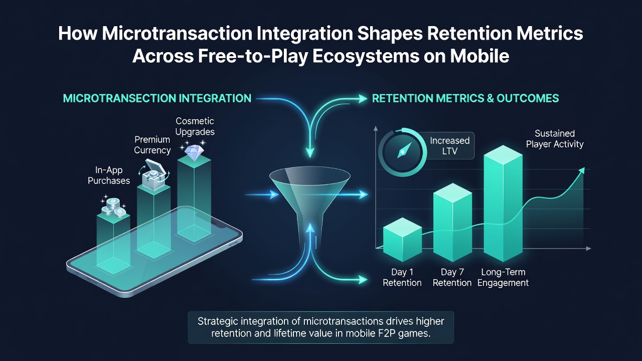Graphs and charts comparing retention metrics in mobile versus console free-to-play games with microtransaction overlays