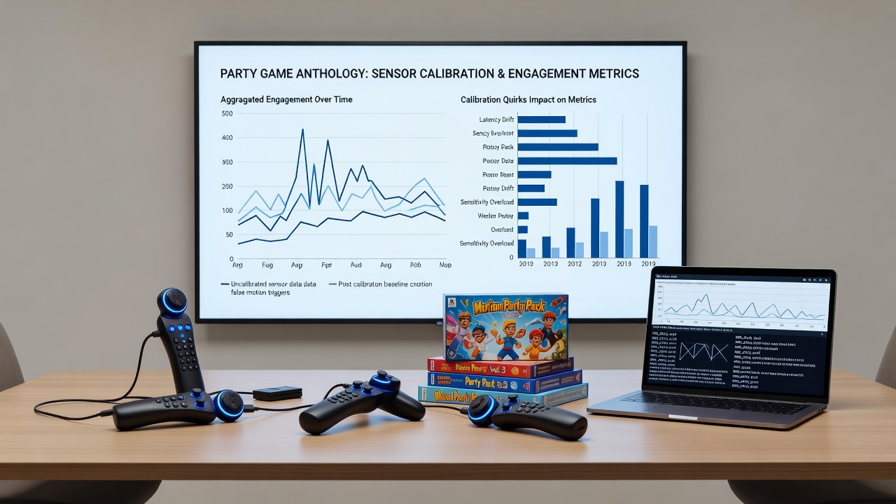 Side-by-side comparison of engagement graphs from party game anthologies showing session length differences tied to motion sensor calibration states on Wii, Xbox, and Switch hardware