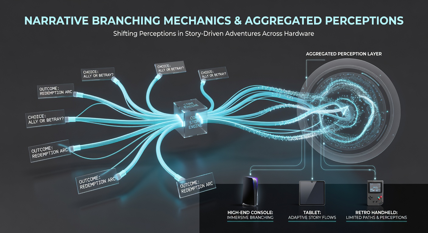 Comparison of narrative branching interfaces on PC, console, and handheld hardware showing player choice paths and aggregated score overlays