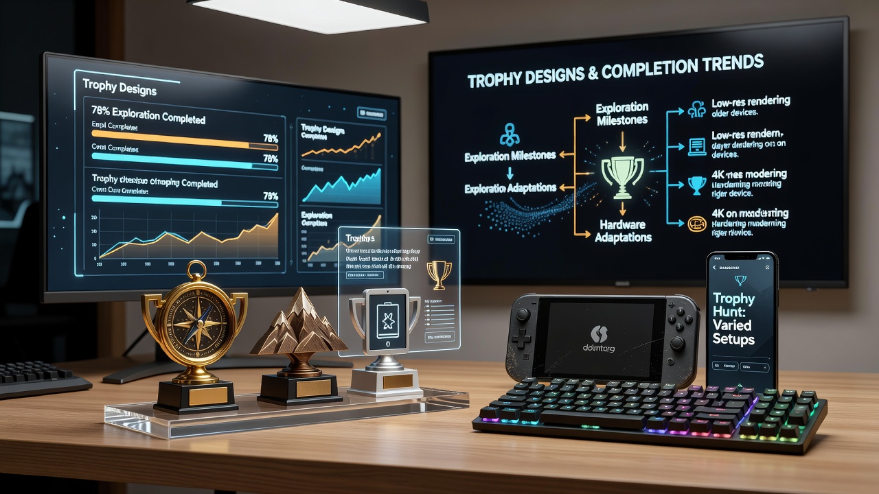 Trophy design elements displayed on a console interface with exploration map overlays