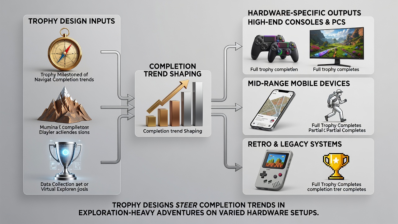 Multiple hardware devices showing varied trophy progress screens in an open-world game