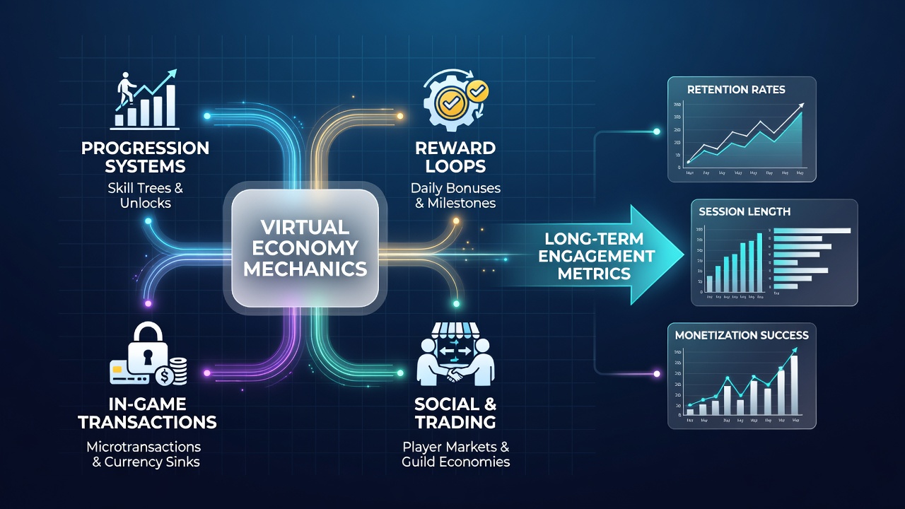 Player engagement graphs and retention curves for simulation titles featuring virtual economies on multiple digital storefronts