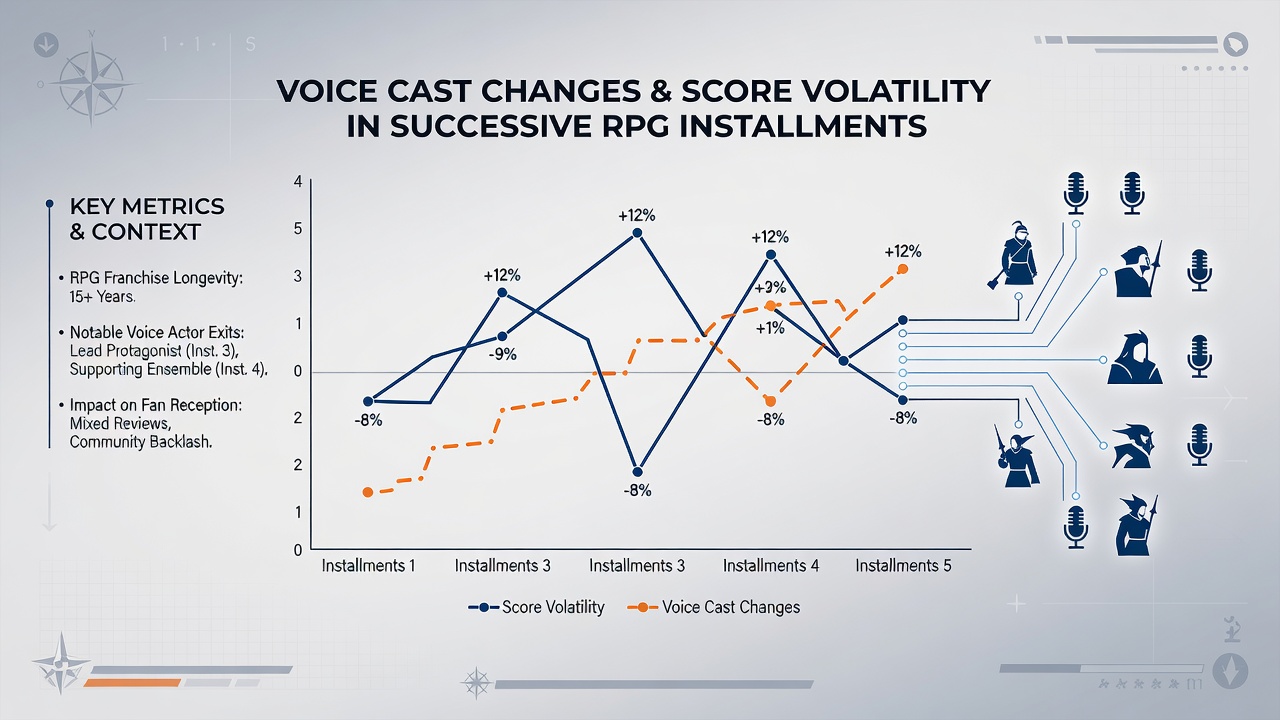 Score distribution charts comparing RPG series with and without voice cast alterations across installments