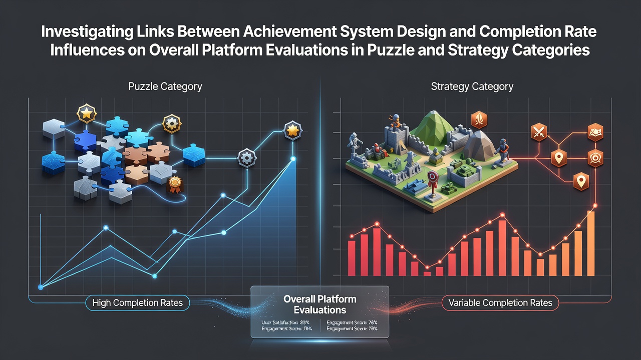 Achievement system interfaces displayed across puzzle and strategy game platforms with completion metrics highlighted