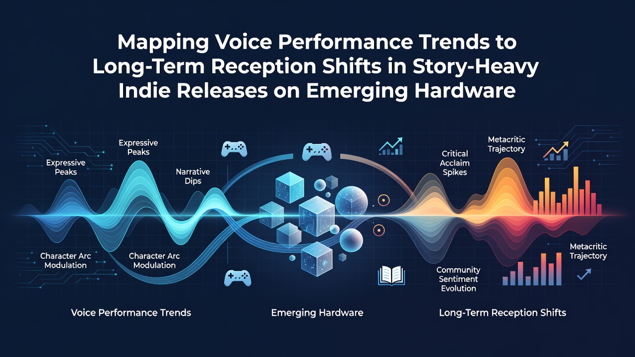 Voice acting analysis charts overlaid on indie game narrative scenes from recent hardware launches