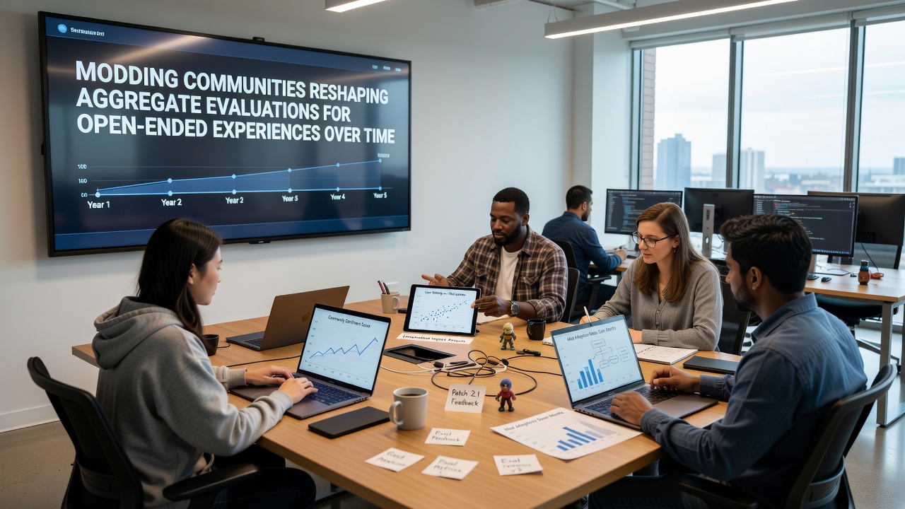 Modders collaborating on custom content for an open-ended game in a shared workspace