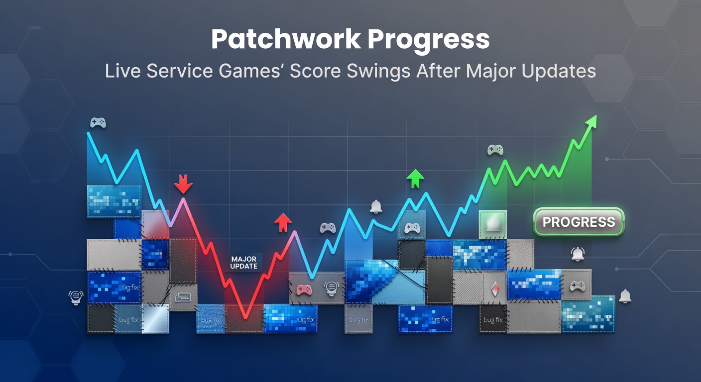 Graph showing fluctuating user scores for a live service game post-update, with peaks and dips over time