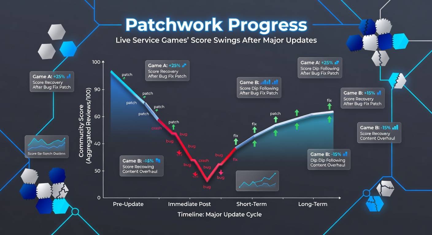 Screenshot of a live service game's update patch notes alongside a user review score chart displaying a dramatic swing