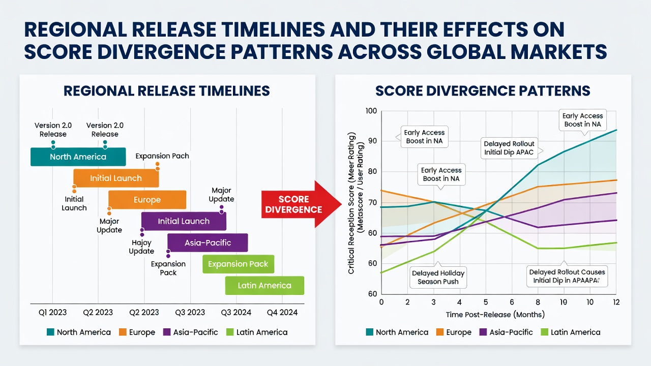 Charts displaying score divergence patterns between early and late release regions in video game markets