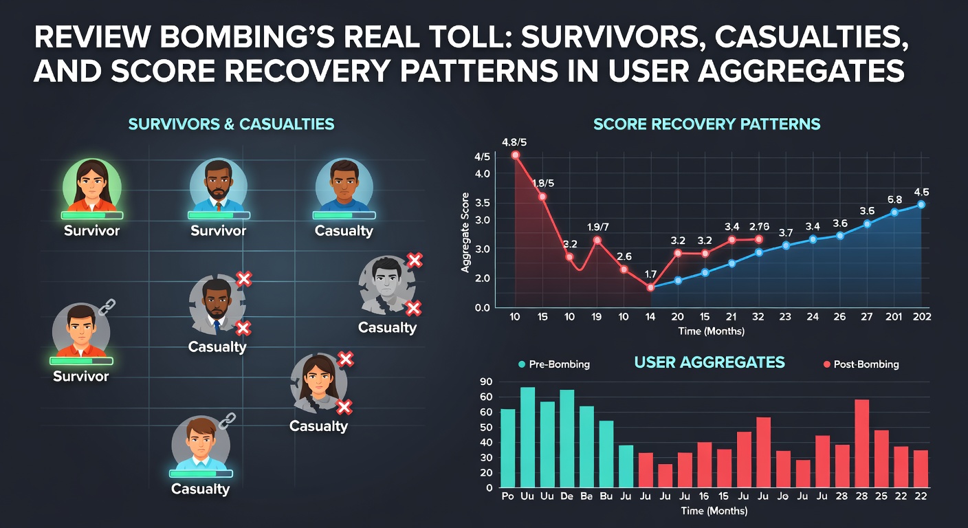 Line graph depicting sharp drops in user scores from review bombing campaigns followed by varying recovery trajectories across multiple titles