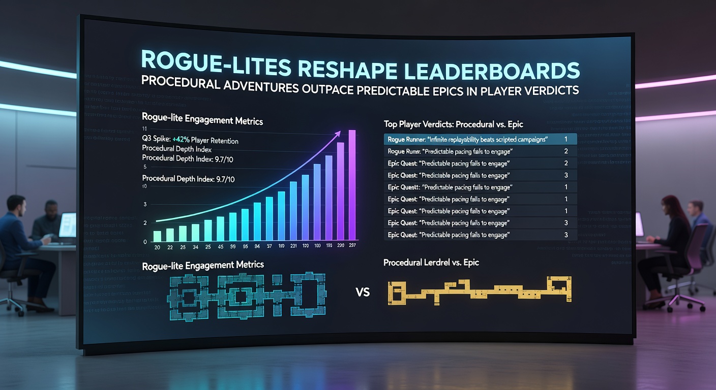 Split-screen comparison of a rogue-lite procedural dungeon generation versus a linear epic storyline cutscene, illustrating replayability versus scripted progression