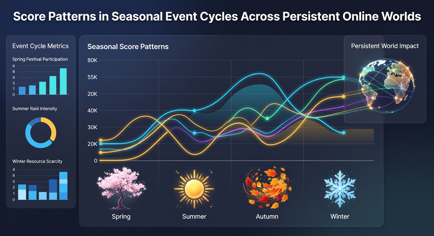 Persistent online worlds showing seasonal event interfaces and aggregated player score trends over multiple cycles