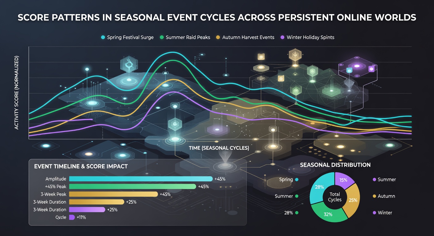 Graphs and charts displaying seasonal event score fluctuations in persistent online worlds during mid-cycle phases