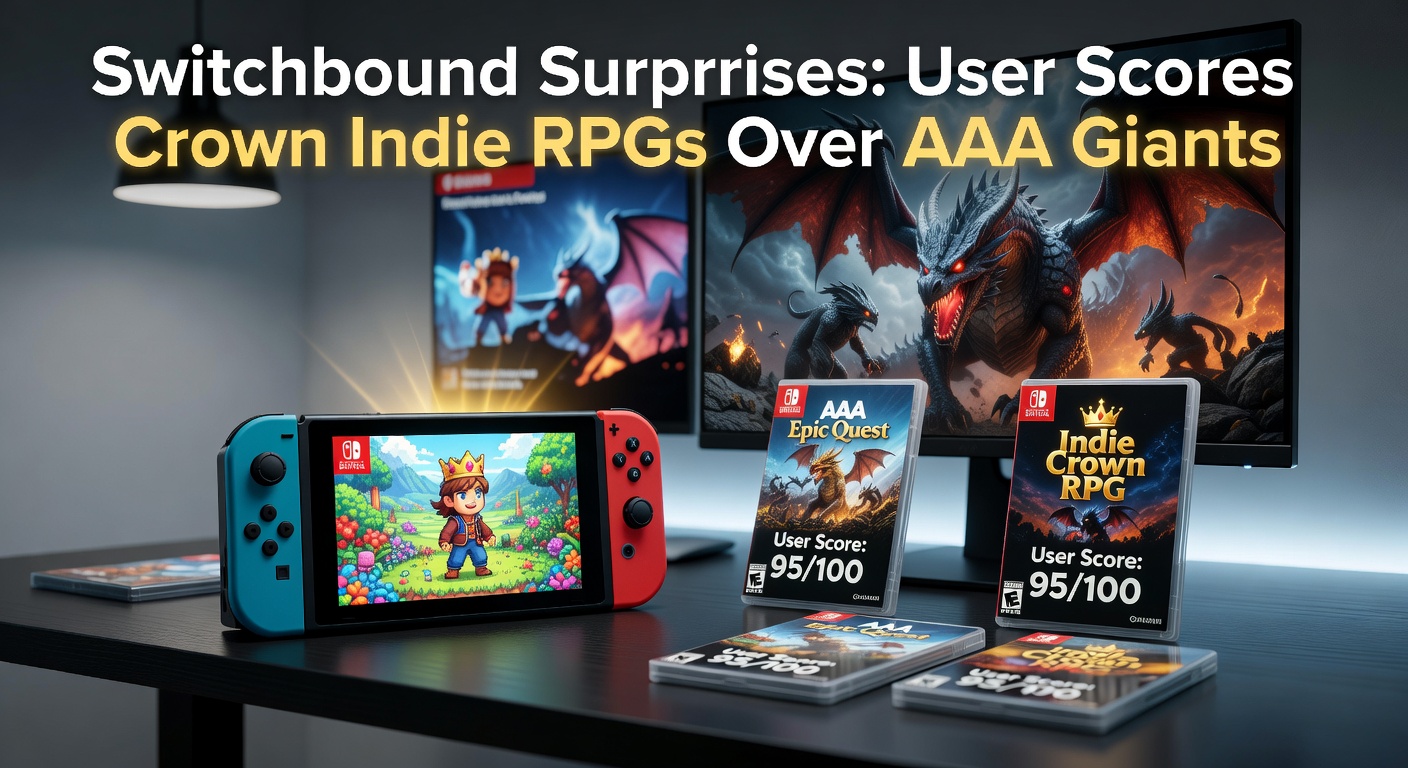 Nintendo Switch console displaying an indie RPG with vibrant pixel art worlds and high user review icons overlayed