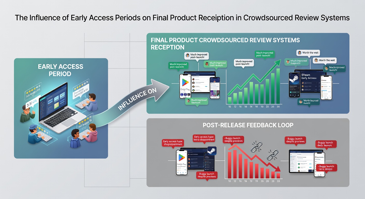 Illustration of early access game development cycle showing iterative feedback loops and review aggregation points