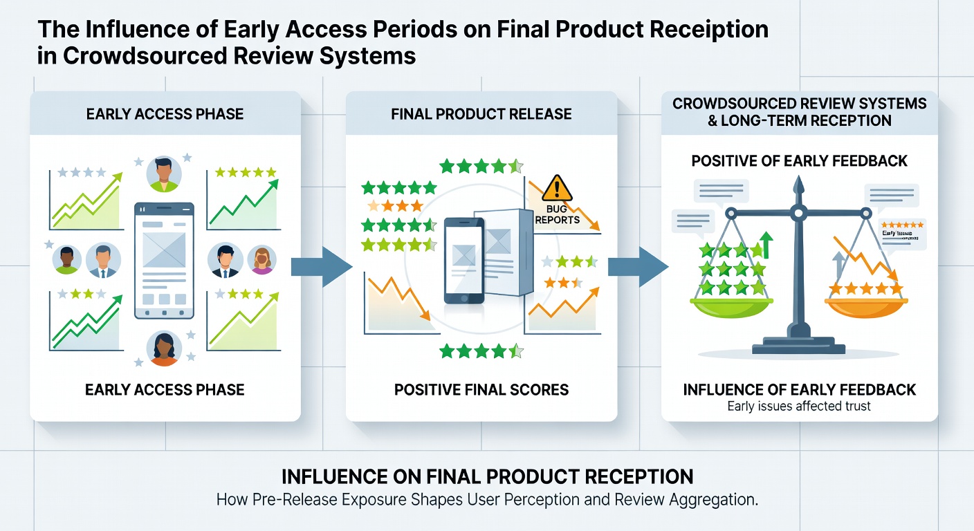Data visualization of crowdsourced review score changes before and after early access periods across multiple game releases