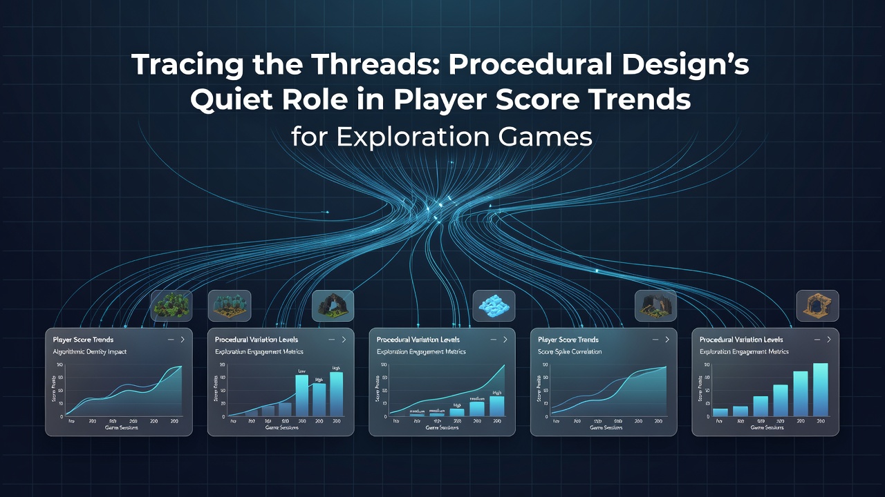 Player score trend graphs overlaid on exploration game screenshots showing procedural variation effects